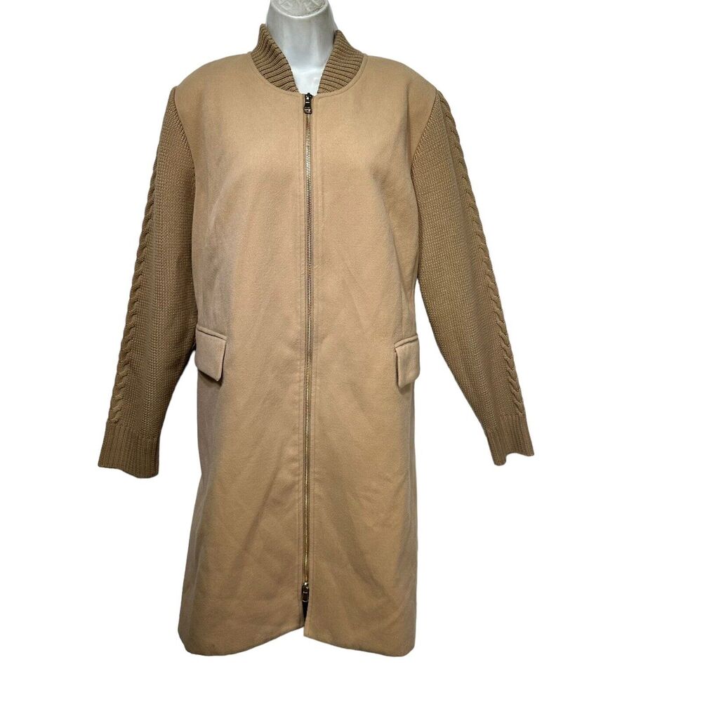 chico's 3 long camel brown wool coat knit sleeves trench coat